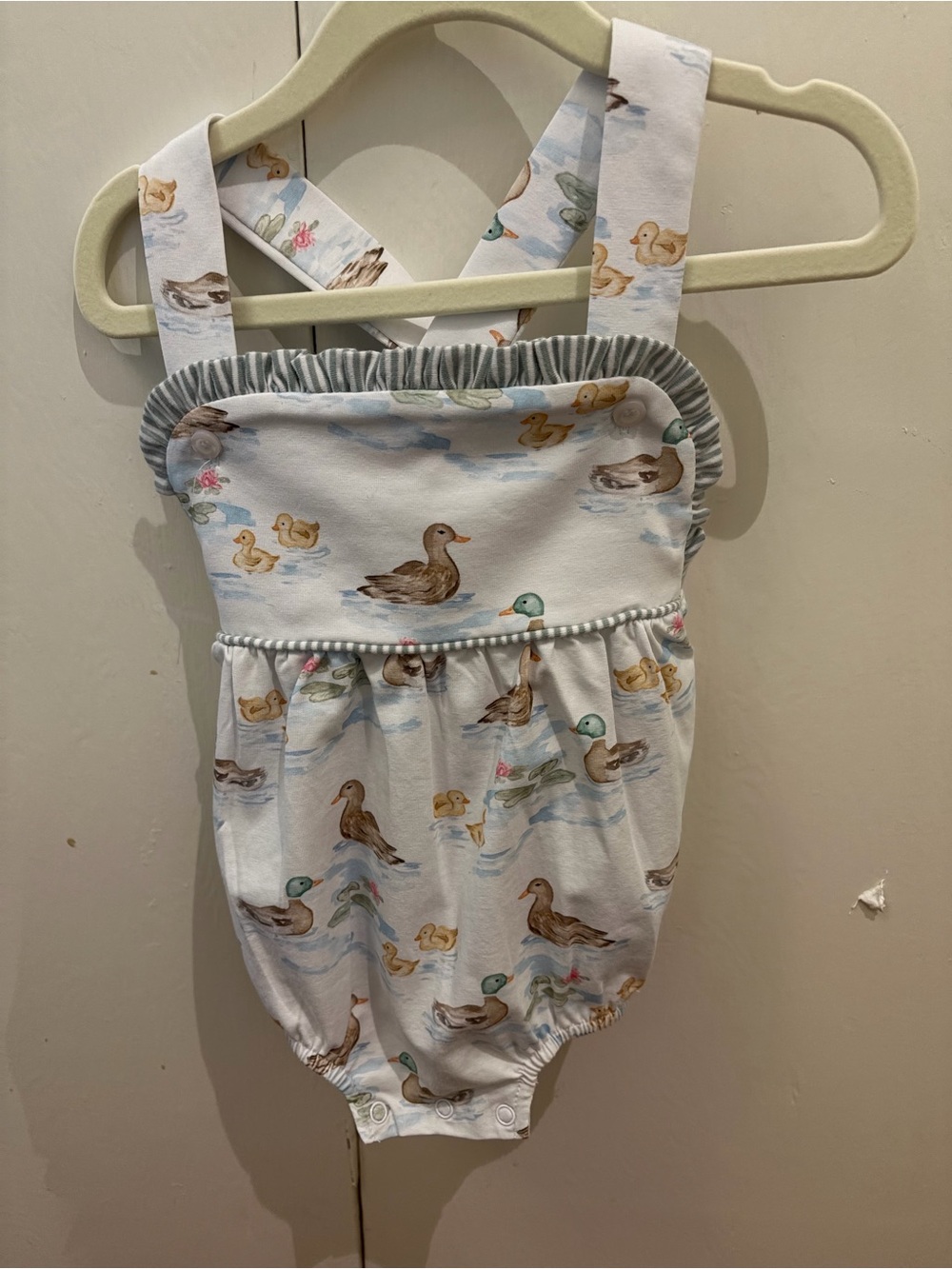 Baby Duck Print Romper in White and Brown